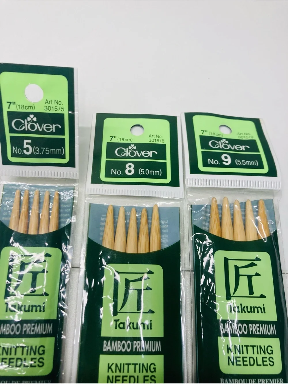 1 Sealed + 2 Clover Takumi Double-Pointed Bamboo Knitting Needles sizes 5, 8, 9